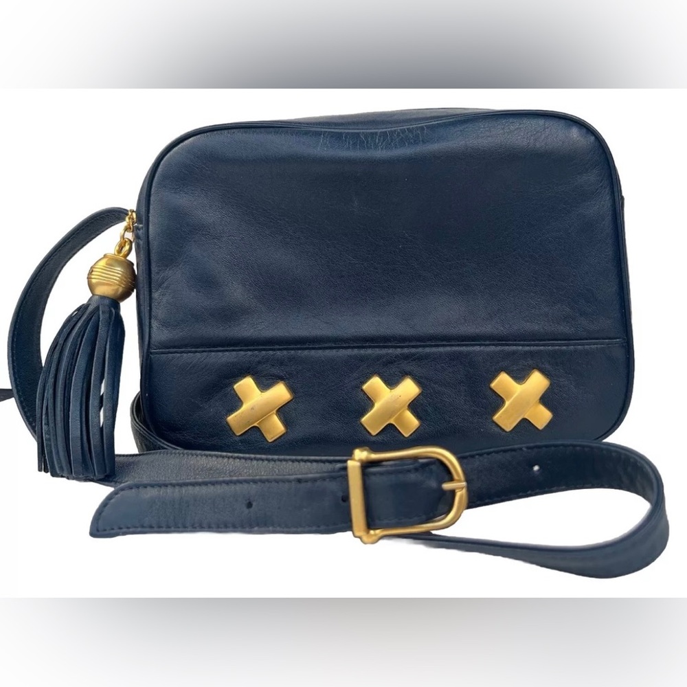 Architect Navy Blue Leather Crossbody Bag Tassel Adjustable Strap Gold Hardware